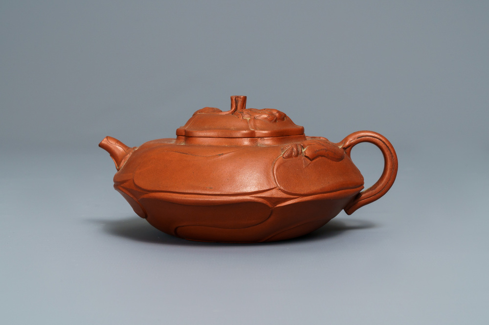 A Chinese Yixing stoneware flower-shaped teapot, Kangxi